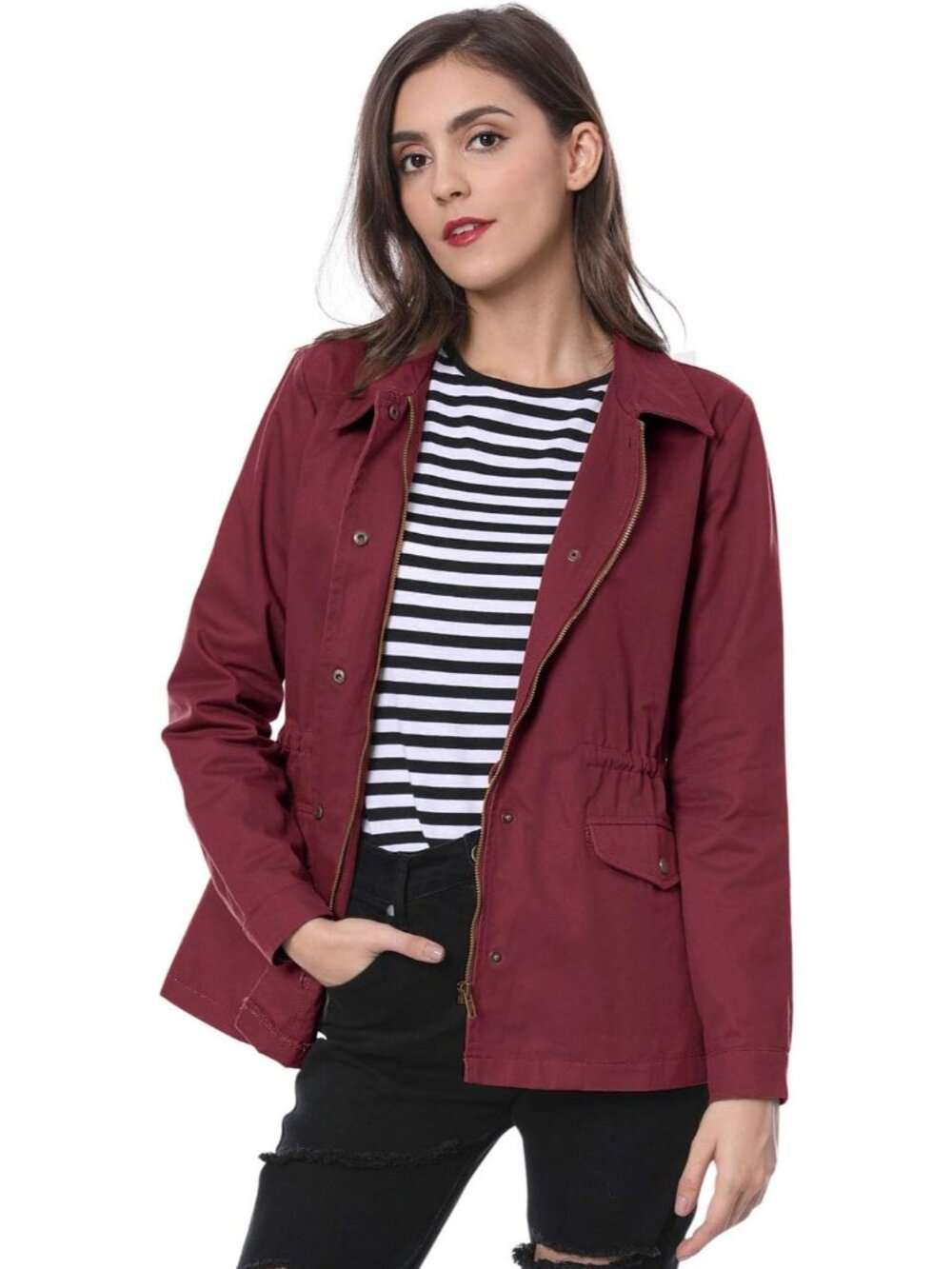 Women Burgundy Zip Up Snap Buttons Drawstring Waist Pocket Anorak Utility Jacket